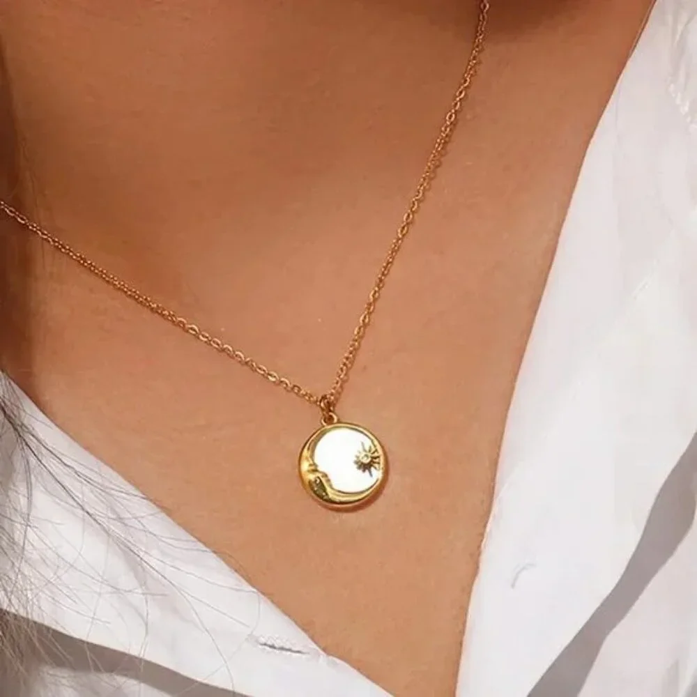 Moon Sun Star Pendant Necklace 18K Gold Plated